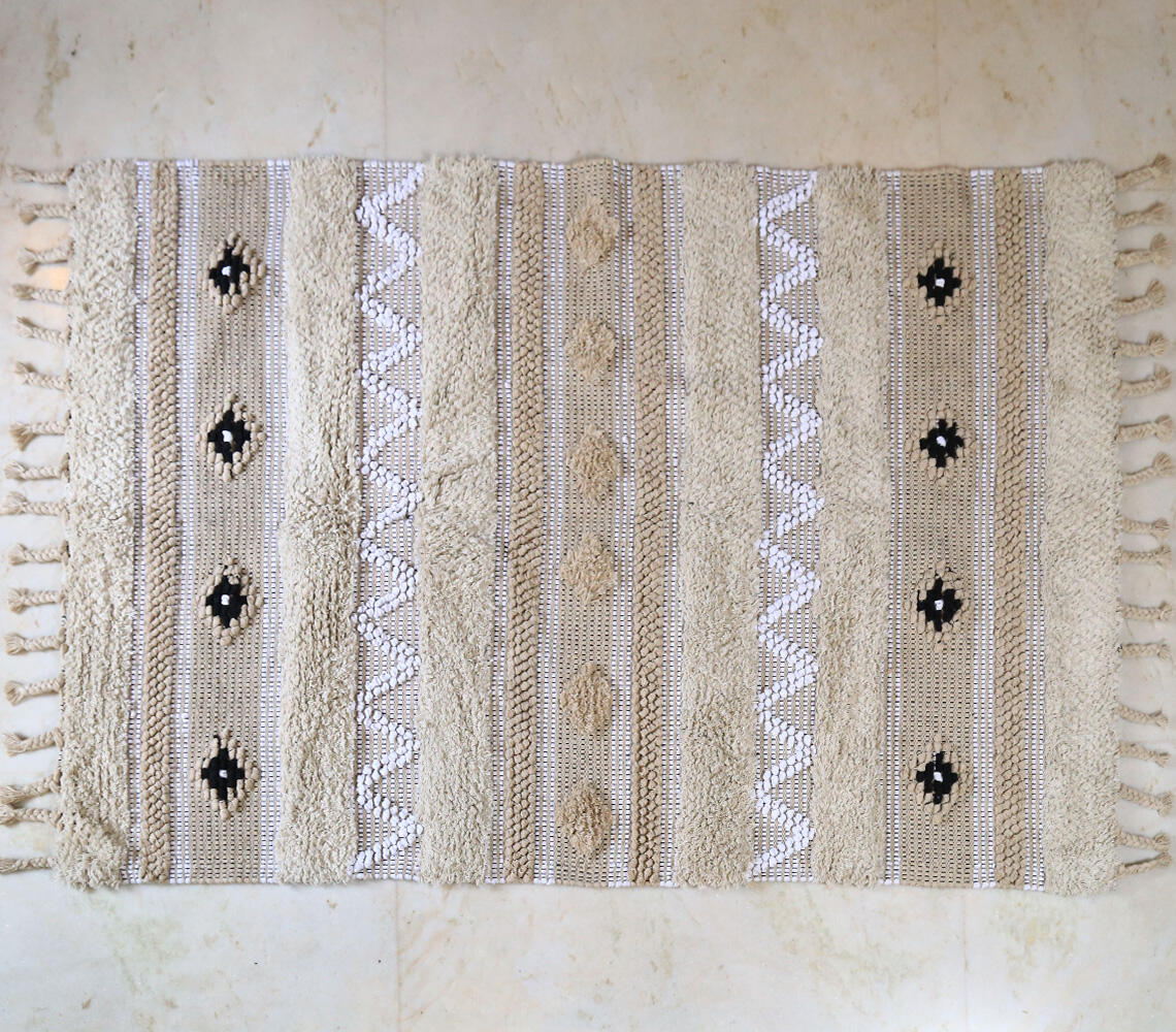 Textured Rug with Panels &amp; Braided Tassels-2