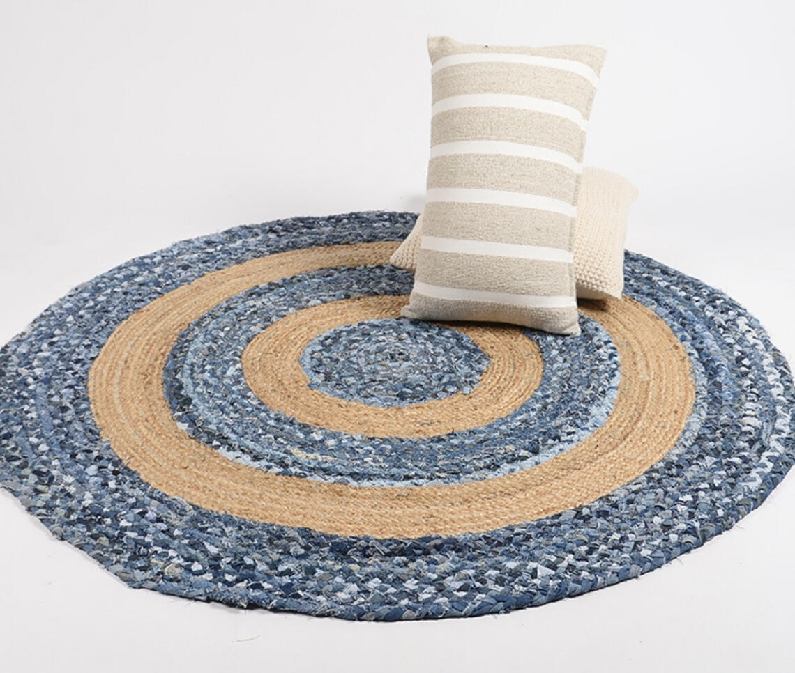 Hand Braided Upcycled Denim &amp; Jute Mat-0