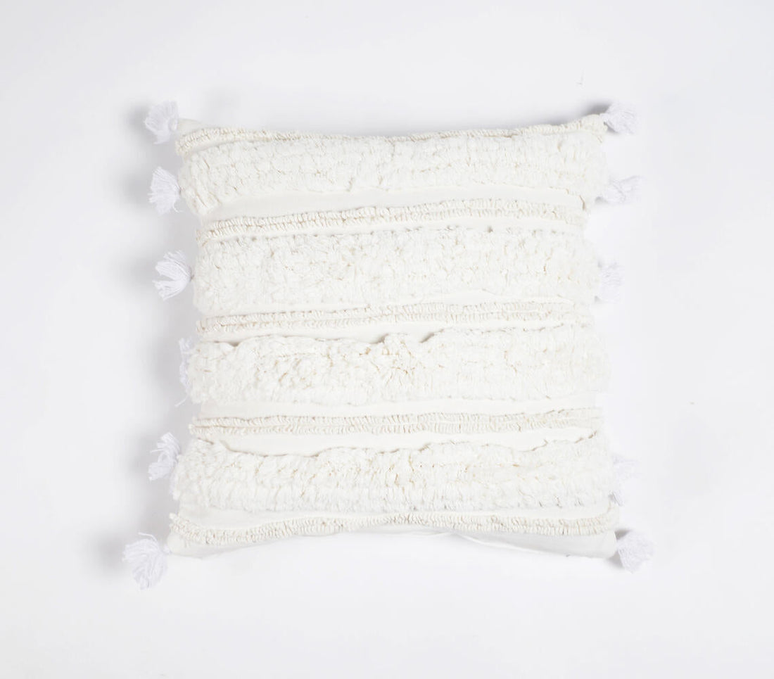 Hand Tufted Cotton Cushion Cover with Frayed tassels-0