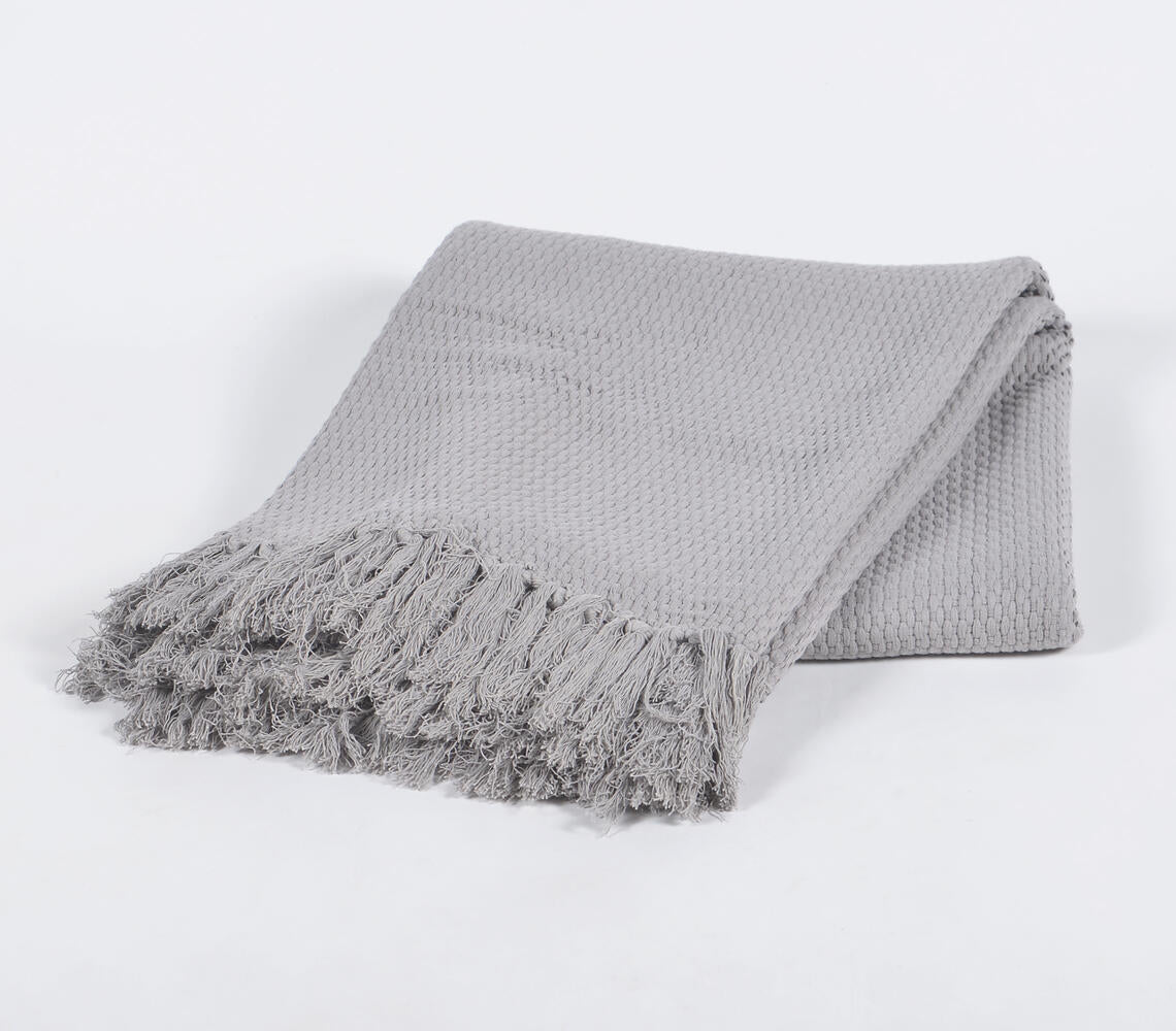 Solid Grey Tasseled Cotton Throw-0