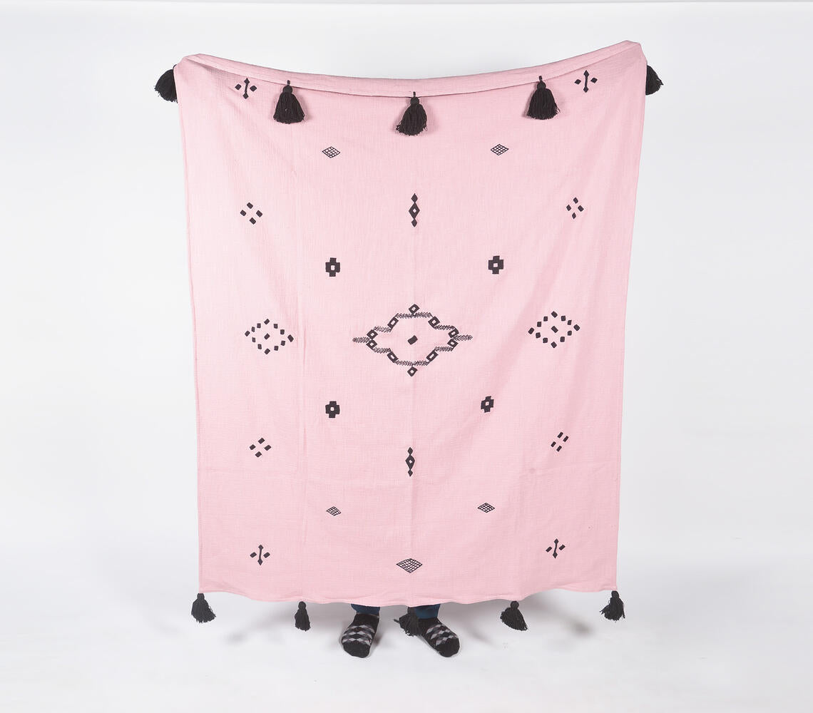 Handwoven Cotton Pastel Pink Throw with Tassels-0