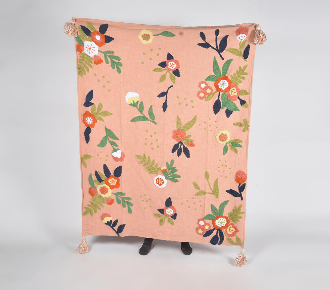 Floral Countryside Tasseled Handloom Cotton Throw-1