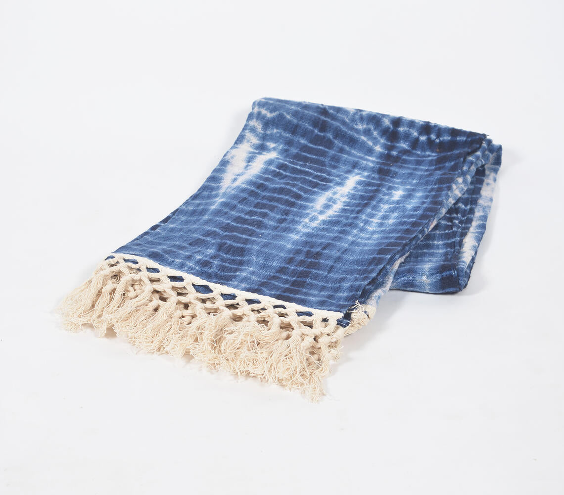 Shibori Tie-and-Dye Indigo Cotton Throw with Tassels-0