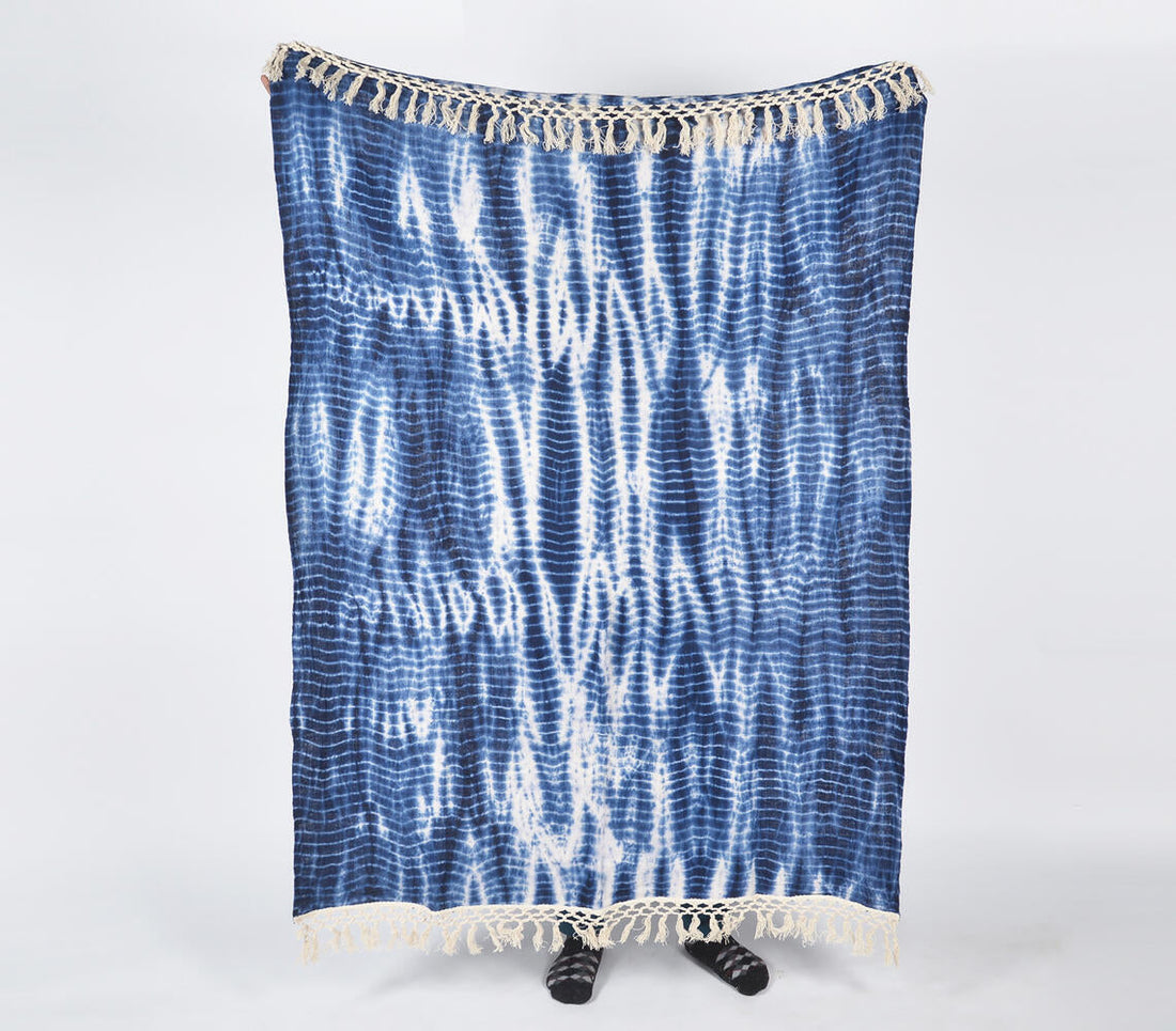 Shibori Tie-and-Dye Indigo Cotton Throw with Tassels-1