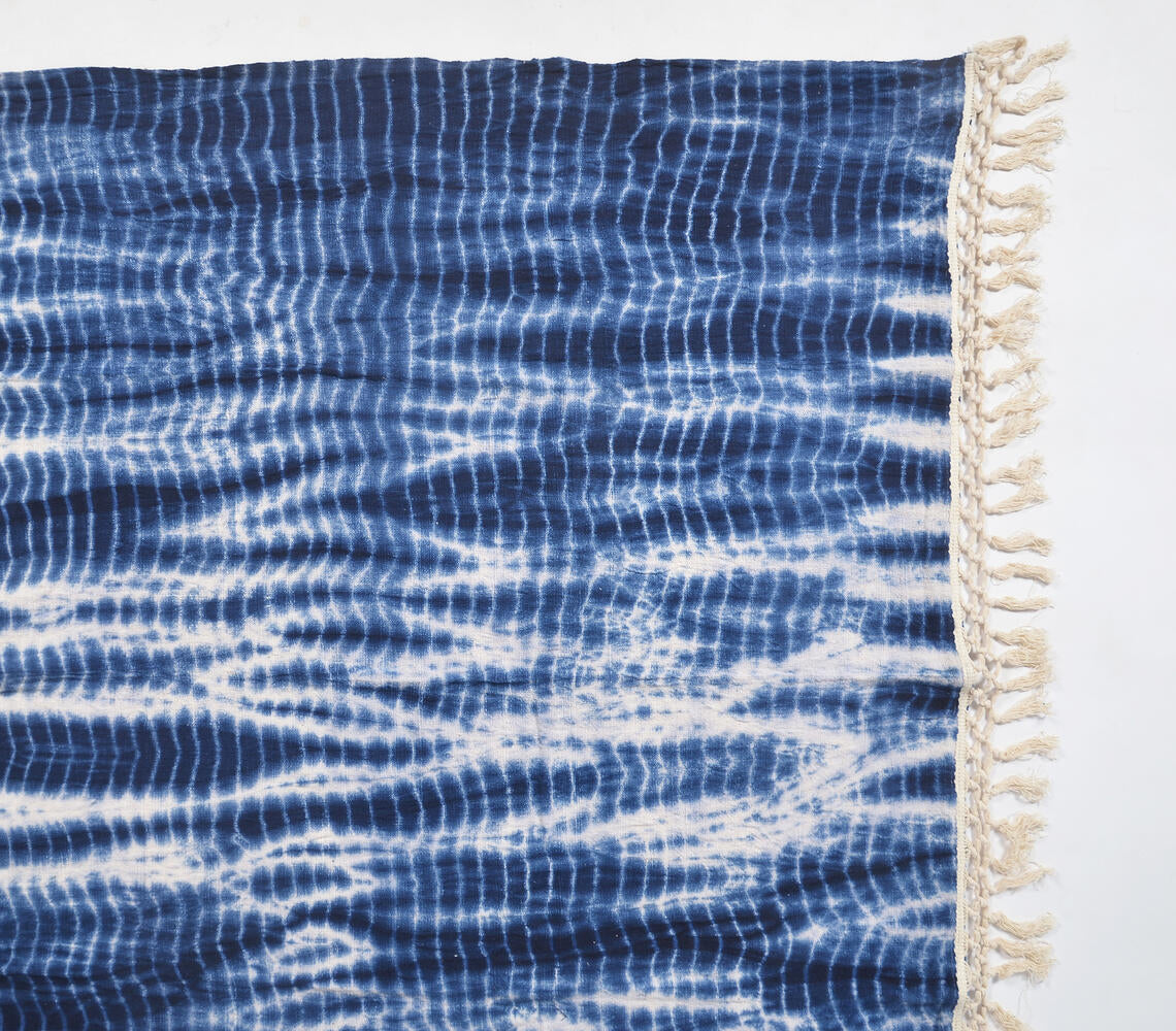 Shibori Tie-and-Dye Indigo Cotton Throw with Tassels-2