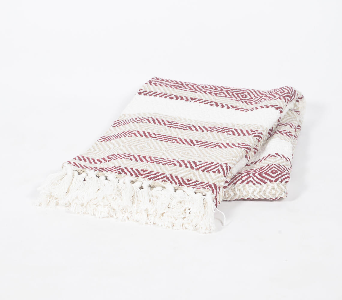 Handwoven Cotton Geometric-Striped Throw with Tassels-0