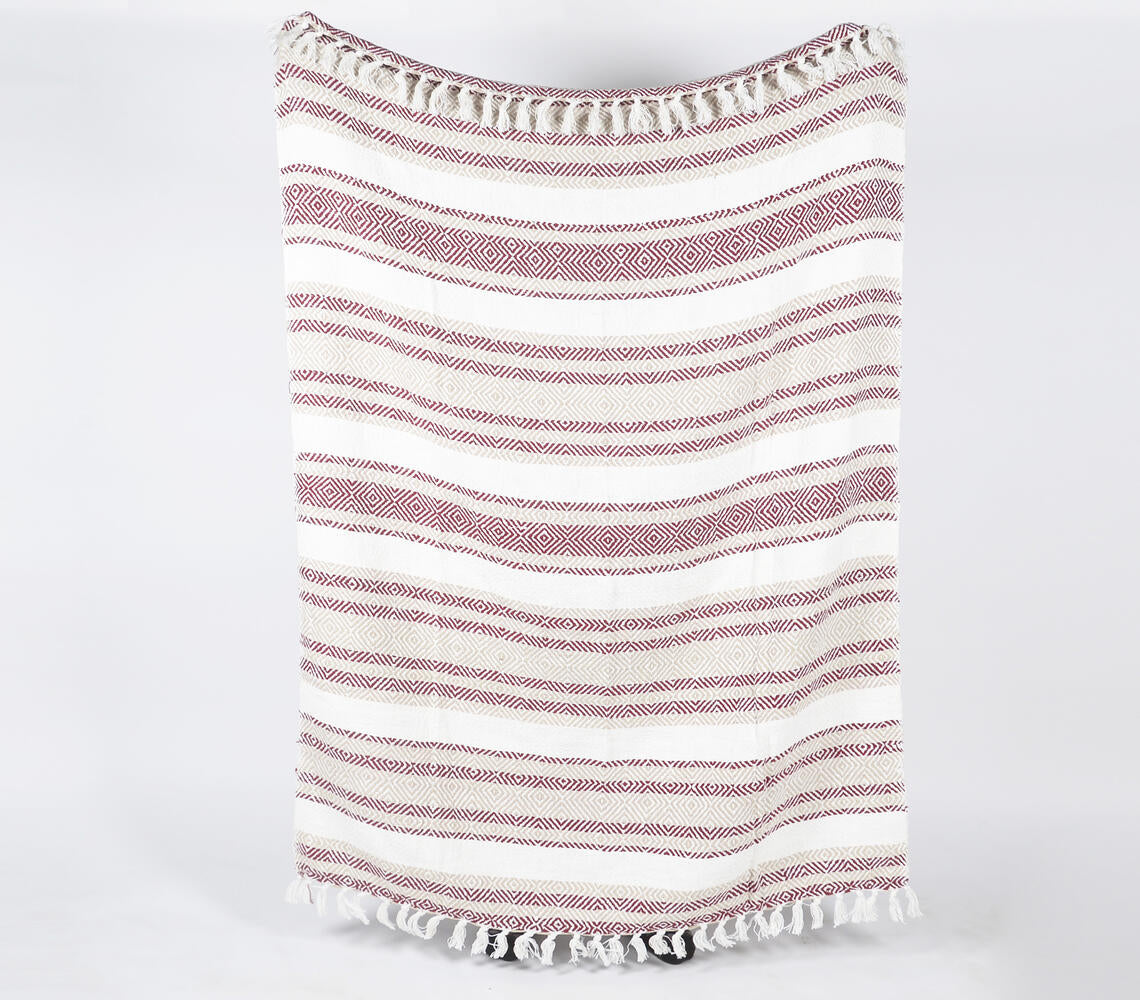 Handwoven Cotton Geometric-Striped Throw with Tassels-1