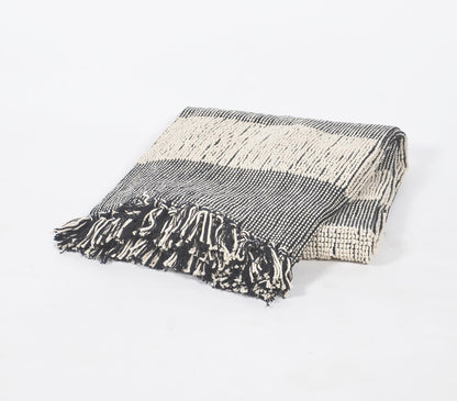 Handwoven Cotton Monochrome Block-Striped Throw with Tassels-0