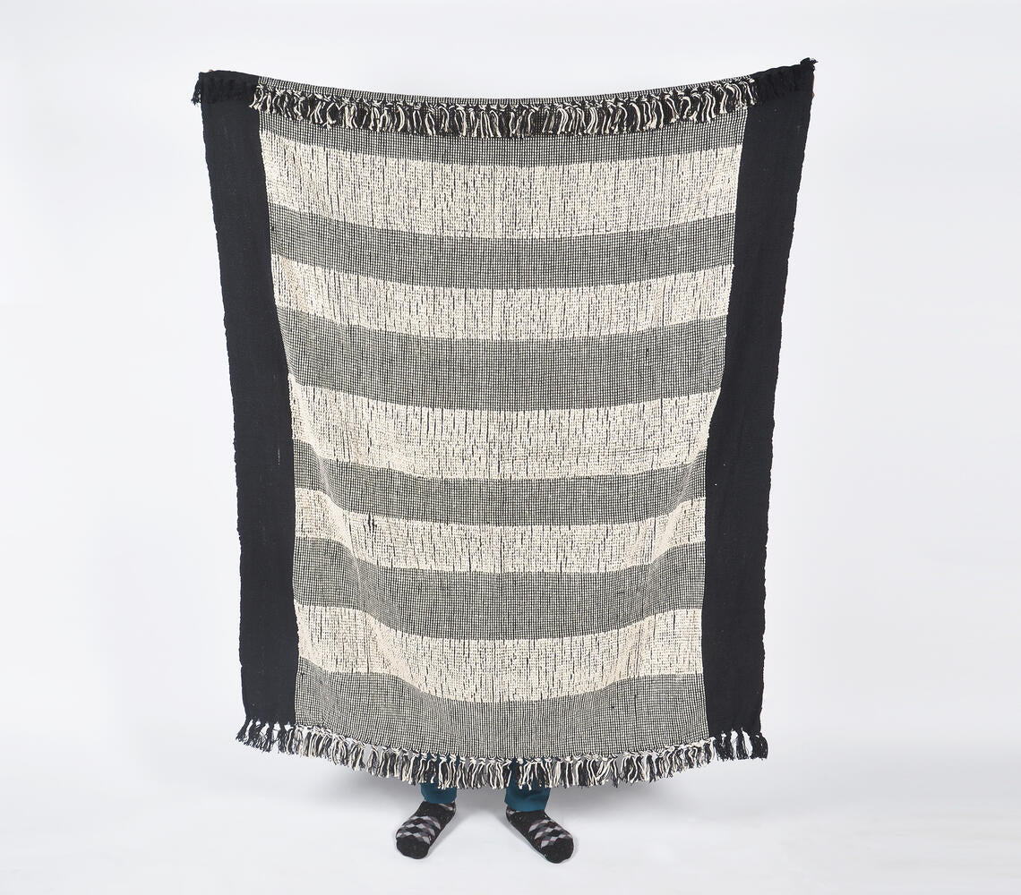 Handwoven Cotton Monochrome Block-Striped Throw with Tassels-1