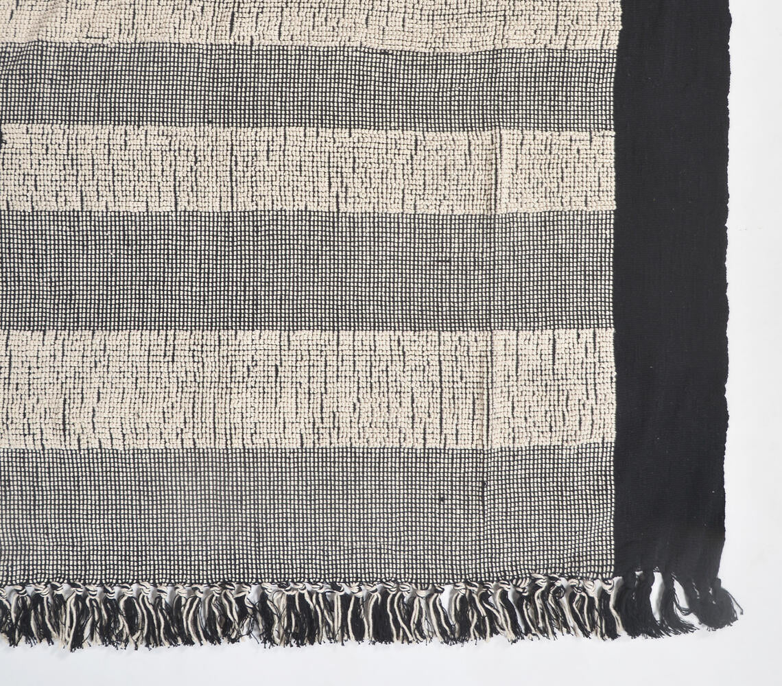 Handwoven Cotton Monochrome Block-Striped Throw with Tassels-2