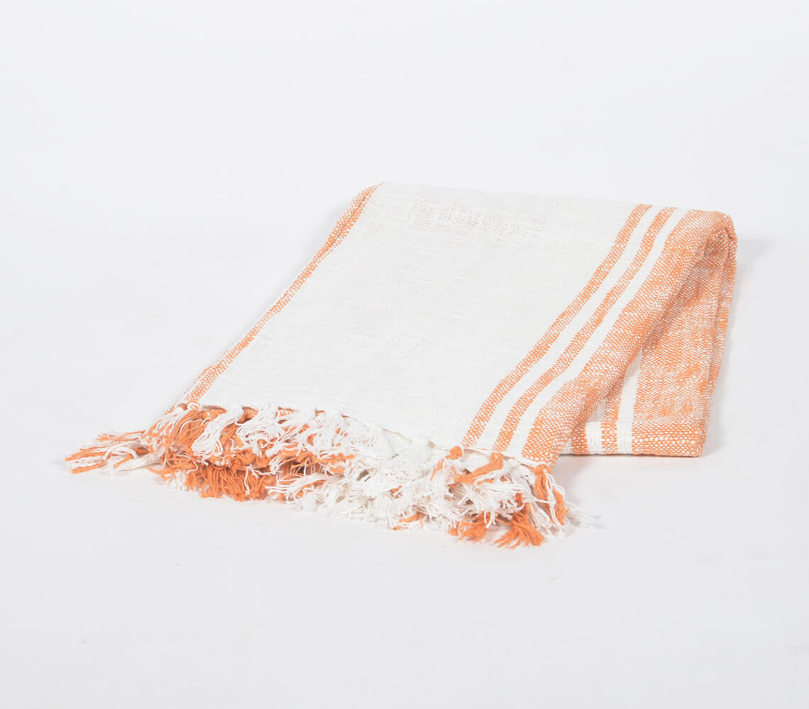 Handwoven Cotton Tangerine Striped Throw with Tassels-0