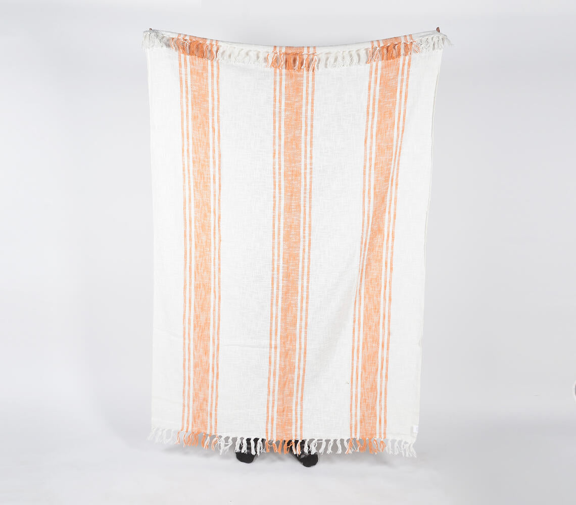 Handwoven Cotton Tangerine Striped Throw with Tassels-1