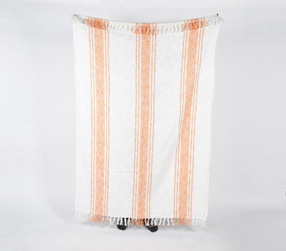 Handwoven Cotton Tangerine Striped Throw with Tassels-1