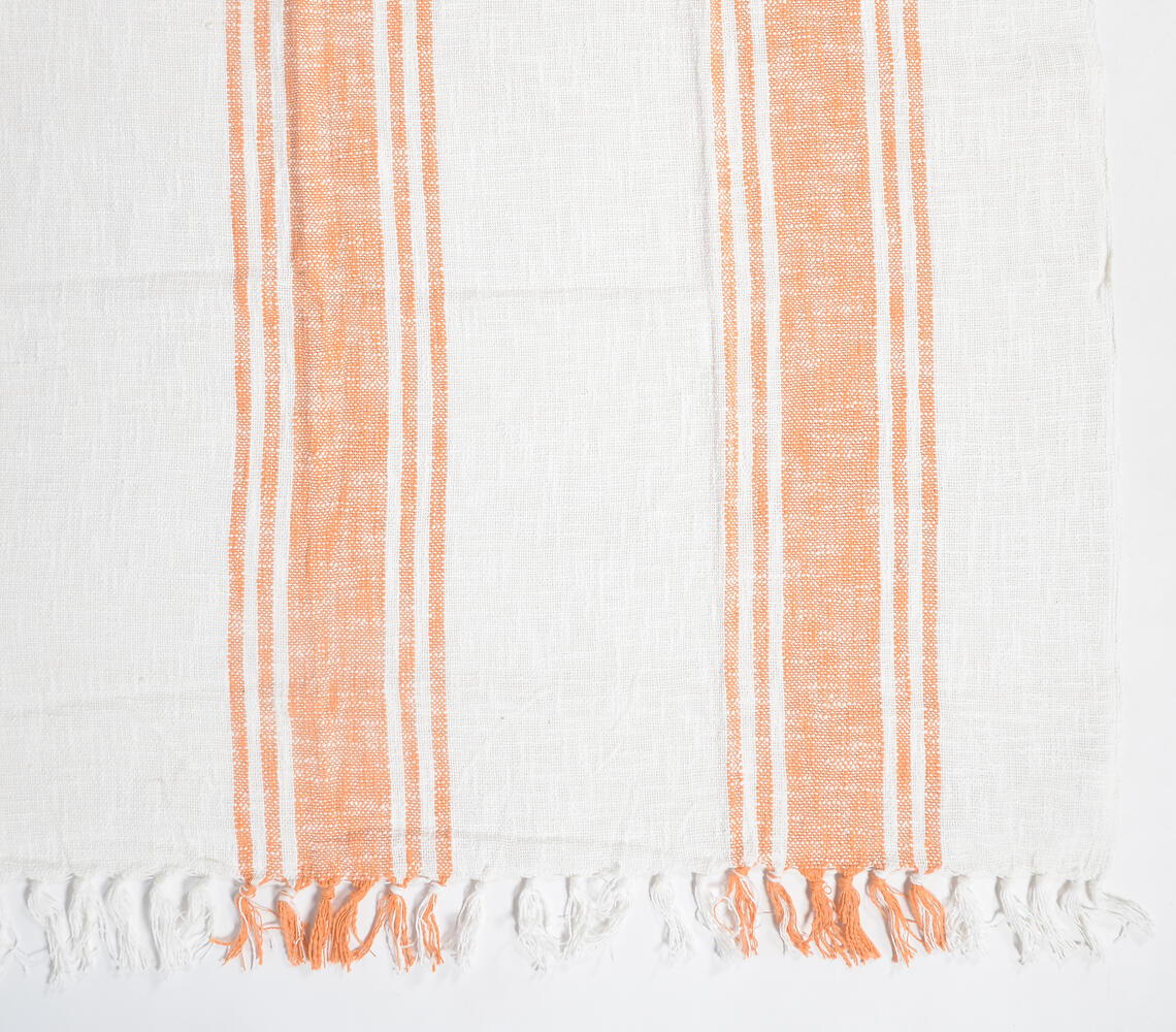 Handwoven Cotton Tangerine Striped Throw with Tassels-2