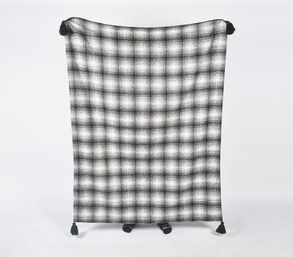 Handwoven Woolen Monochrome Tasseled Gingham Checks Throw-1