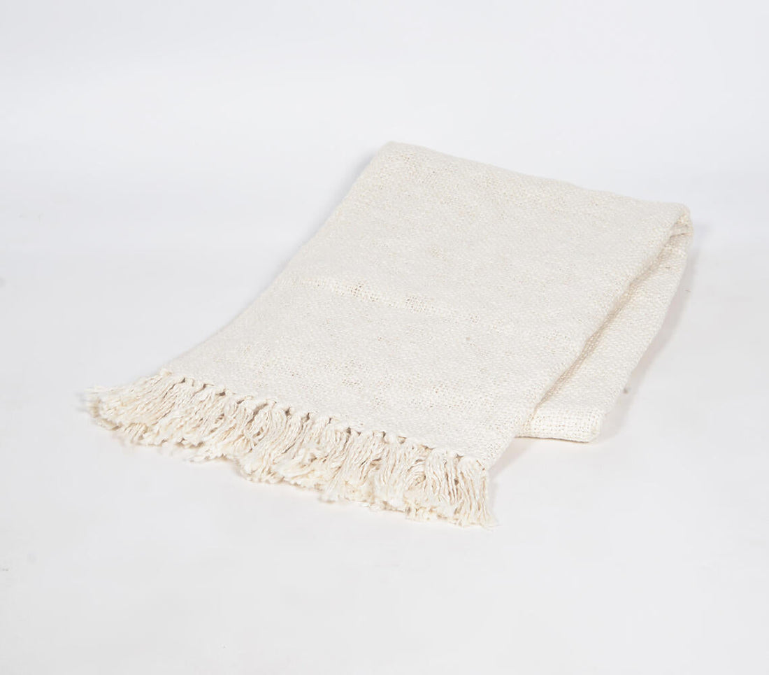 Solid Ivory Cotton Tasseled Throw-0