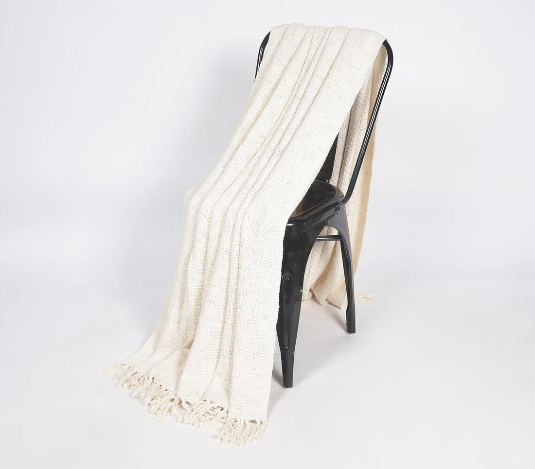 Solid Ivory Cotton Tasseled Throw-1