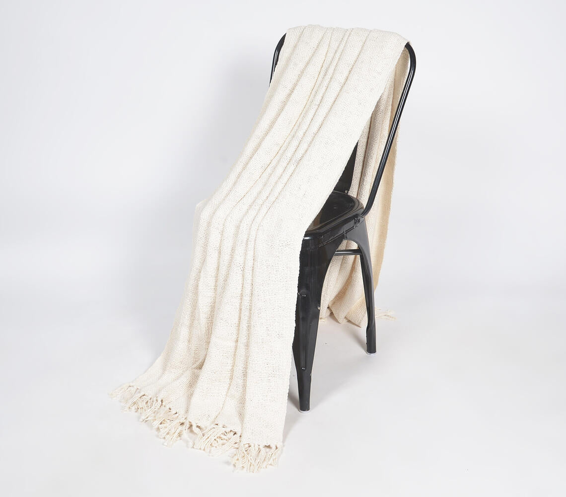 Solid Ivory Cotton Tasseled Throw-1