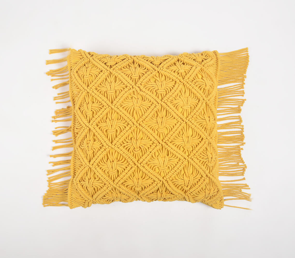 Macrame Cotton Mustard Cushion Cover with Fringes-0