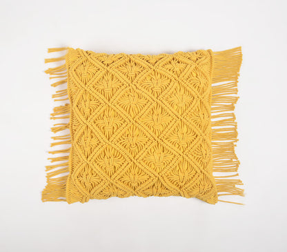 Macrame Cotton Mustard Cushion Cover with Fringes-0