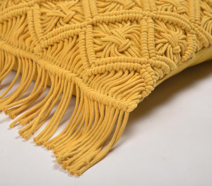 Macrame Cotton Mustard Cushion Cover with Fringes-1