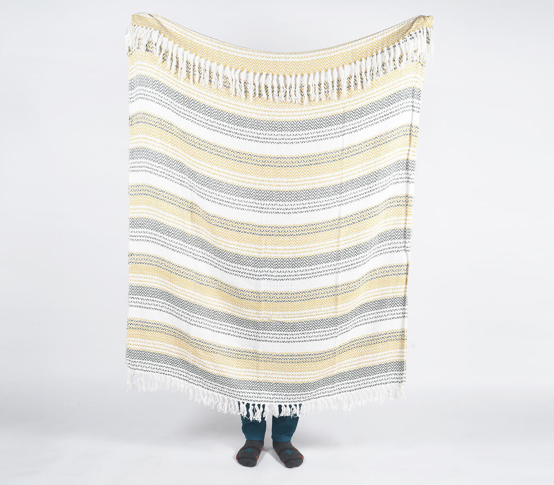 Handwoven Cotton Chevron-Striped Throw with Tassels-0