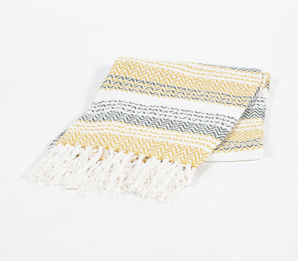 Handwoven Cotton Chevron-Striped Throw with Tassels-1