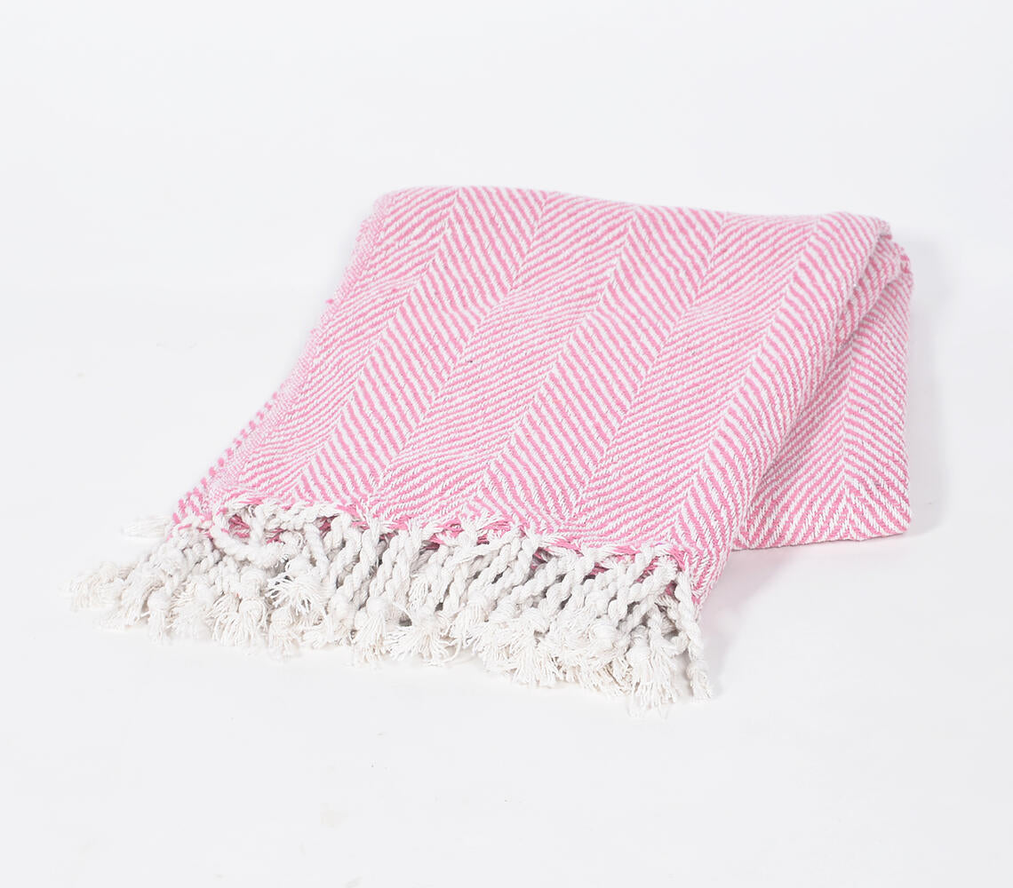 Yarn-Dyed Cotton Pink Chevron Tasseled Throw-0