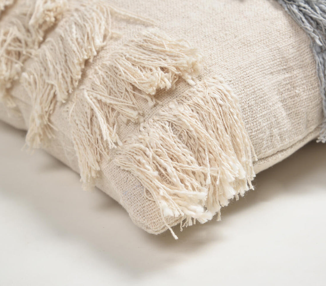 Fringed Neutral Handloom Cotton Cushion Cover-1