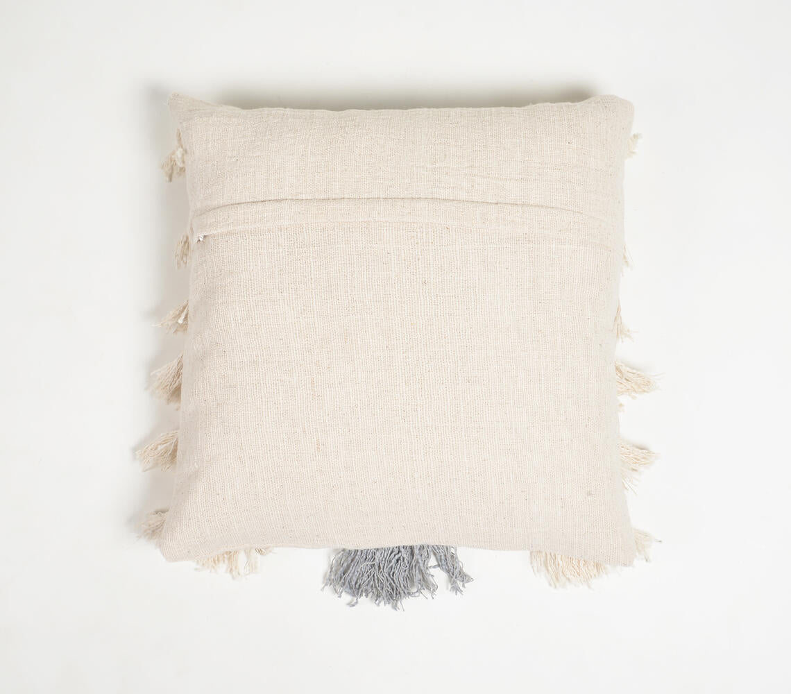 Fringed Neutral Handloom Cotton Cushion Cover-2