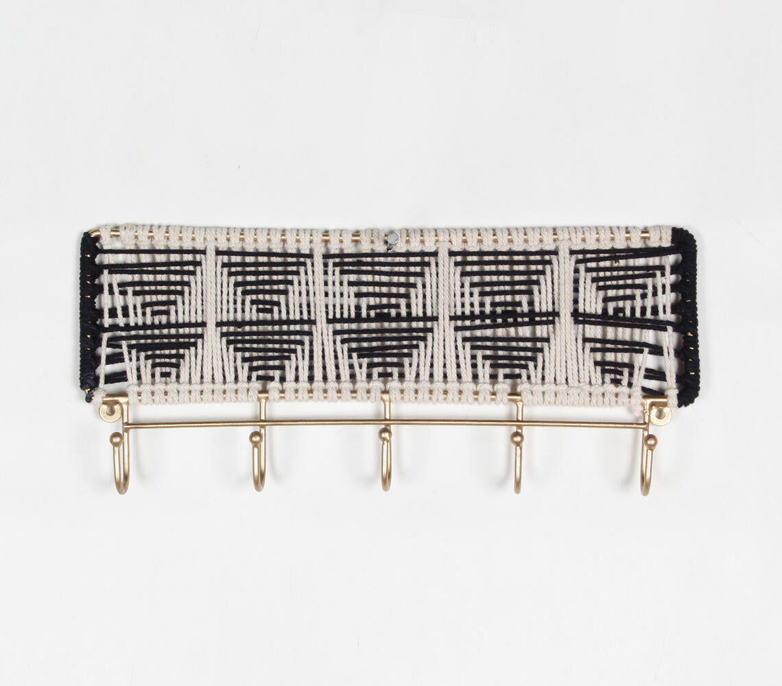 Monochrome Macrame &amp; Gold-Toned Wall-Mount Hook-0