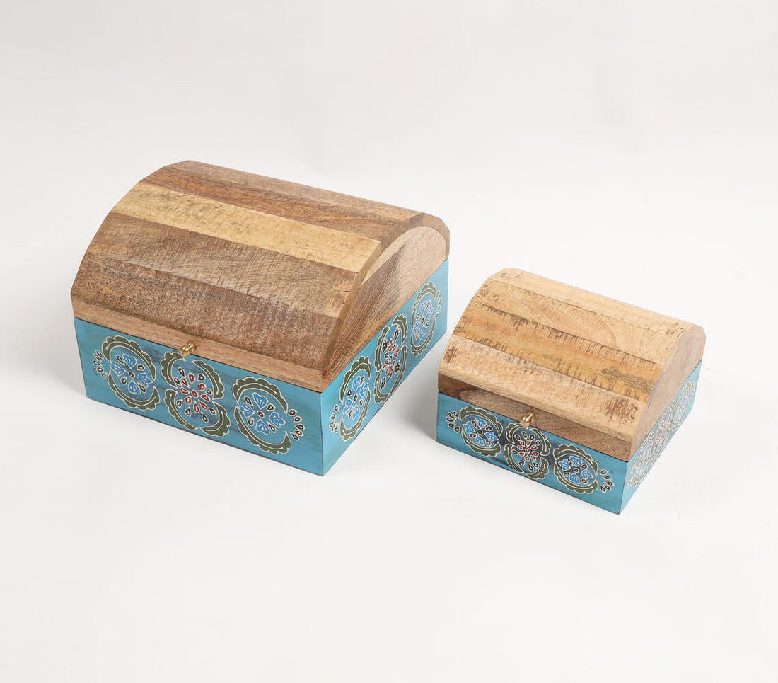 Hand Painted Mango Wood Tribal Floral Storage Boxes (Set of 2)-0