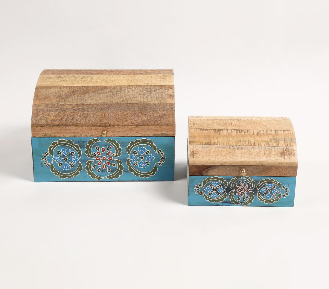Hand Painted Mango Wood Tribal Floral Storage Boxes (Set of 2)-1