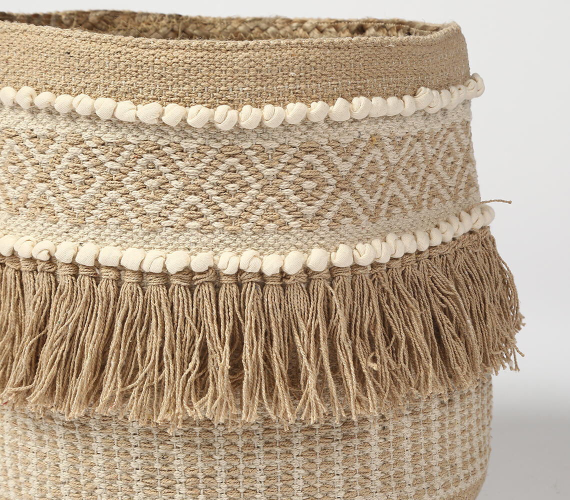 Handwoven Sandy Tasseled Storage Basket-1