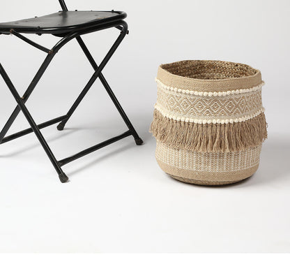 Handwoven Sandy Tasseled Storage Basket-2