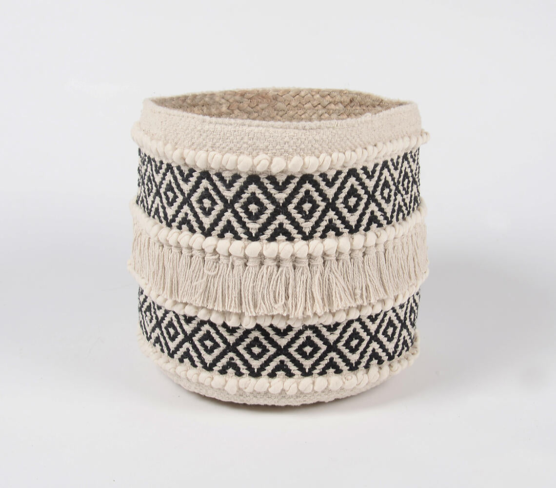 Monotone Diamond Handwoven Cotton &amp; Braided Jute Basket-1