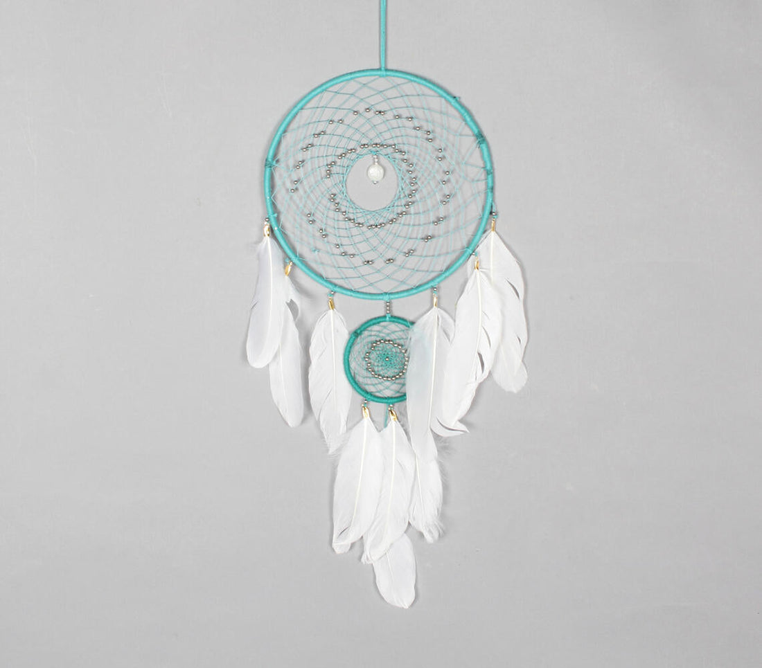 Classic Beaded &amp; Faux Feathers Turquoise Dreamcatcher-0