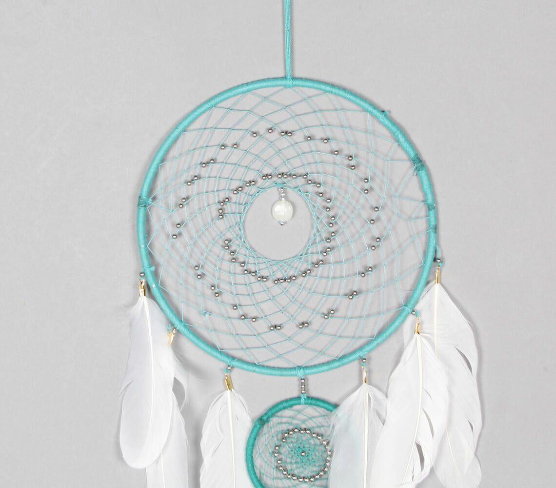 Classic Beaded &amp; Faux Feathers Turquoise Dreamcatcher-1