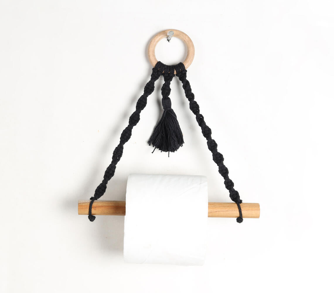 Cotton macrame &amp; wood hanging roll holder-0