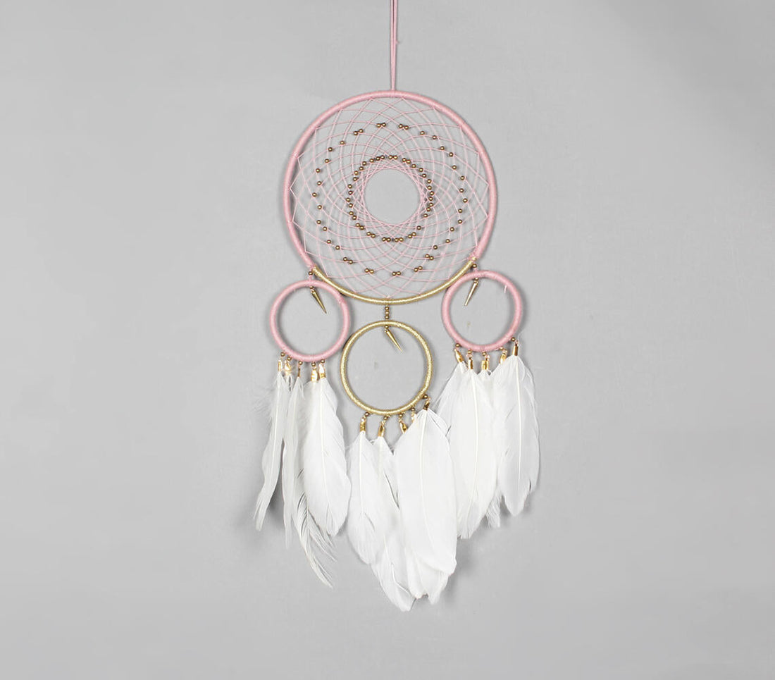 Classic Beaded &amp; Faux Feathers Coral Dreamcatcher-0