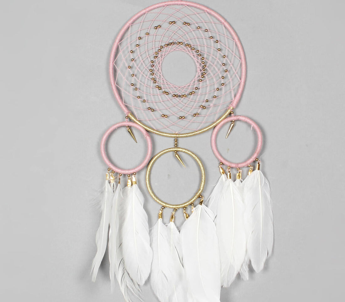 Classic Beaded &amp; Faux Feathers Coral Dreamcatcher-1