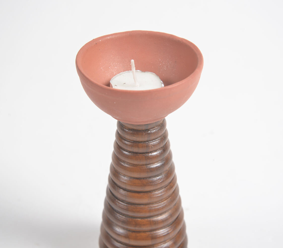 Ribbed Teak Wood &amp; Terracotta Tealight-2