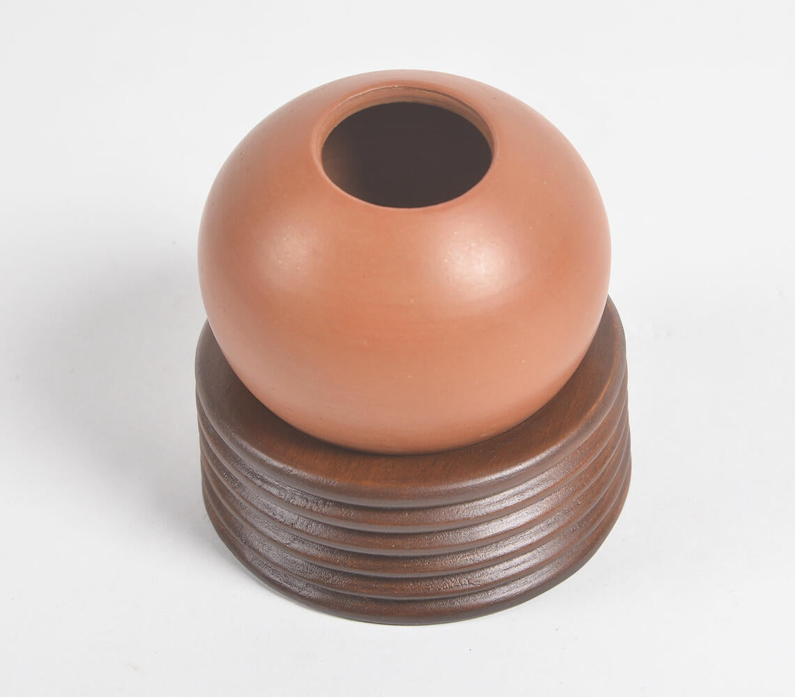 Ribbed Wooden &amp; Terracotta Spherical Desk Planter-2