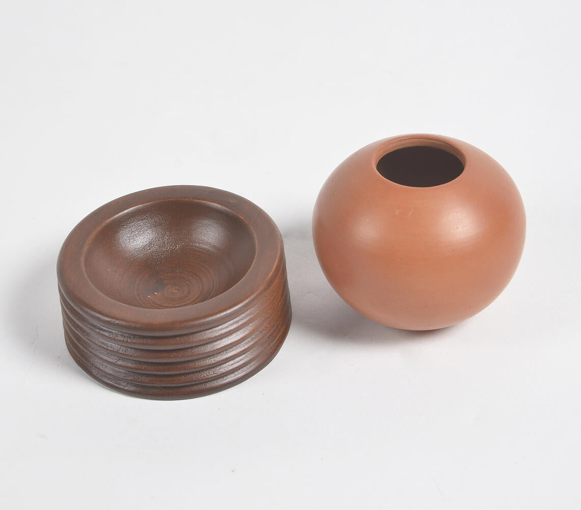 Ribbed Wooden &amp; Terracotta Spherical Desk Planter-3