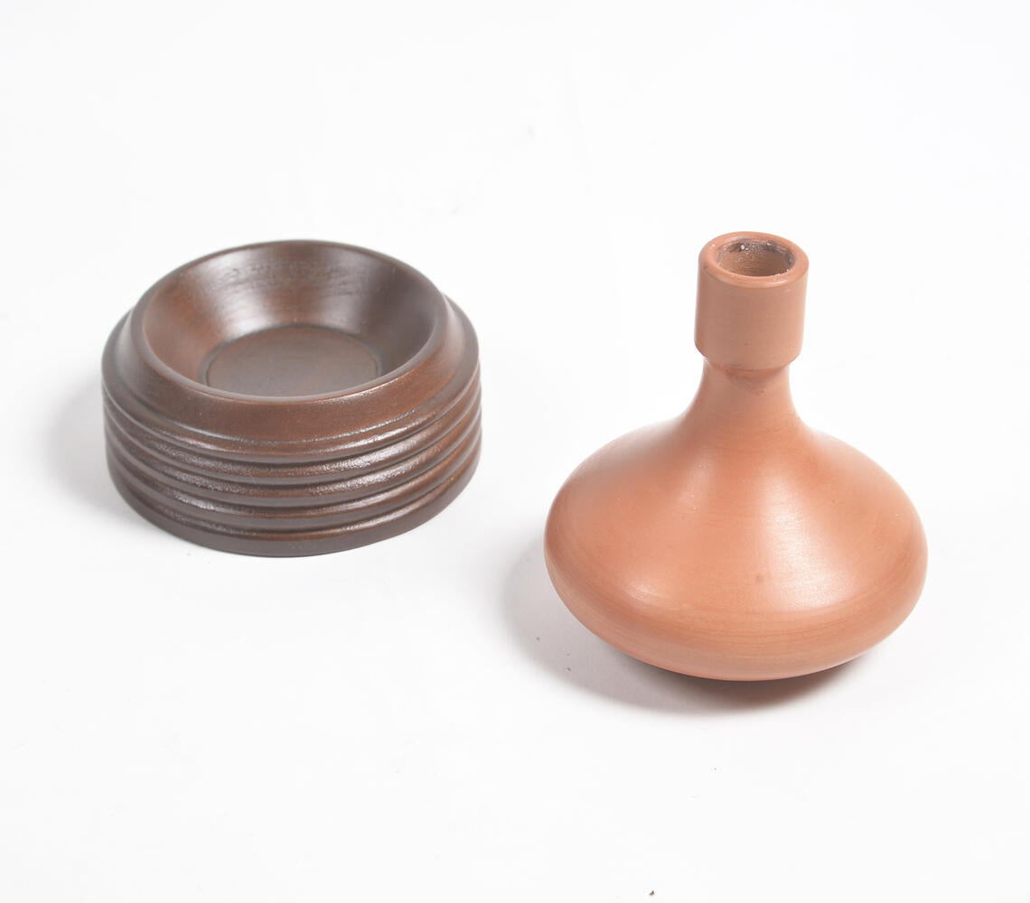 Earthy Terracotta Candle Holder with Wooden Stand-1