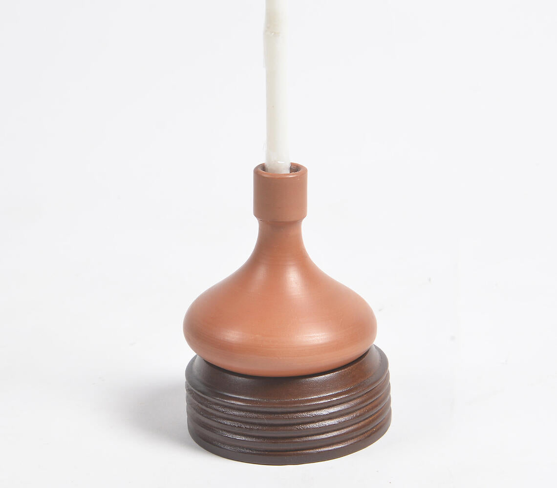 Earthy Terracotta Candle Holder with Wooden Stand-2