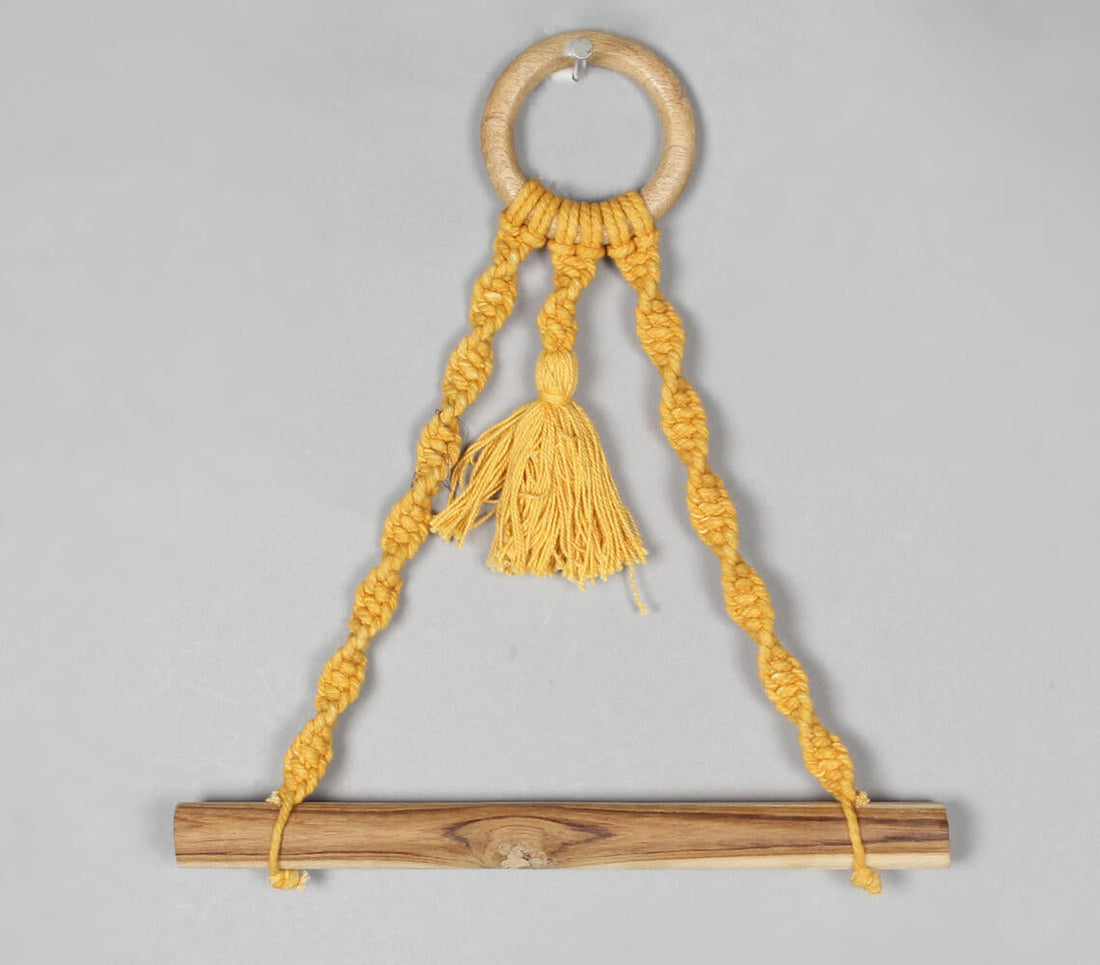 Macrame &amp; Wood Mustard Hanging Roll Holder-1