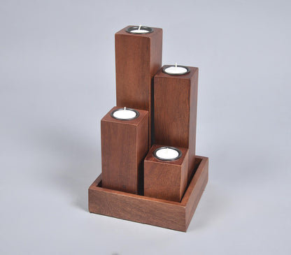 Hand Cut Mango Wood Candle Holders &amp; Tray Set-0