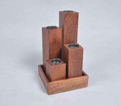 Hand Cut Mango Wood Candle Holders &amp; Tray Set-1