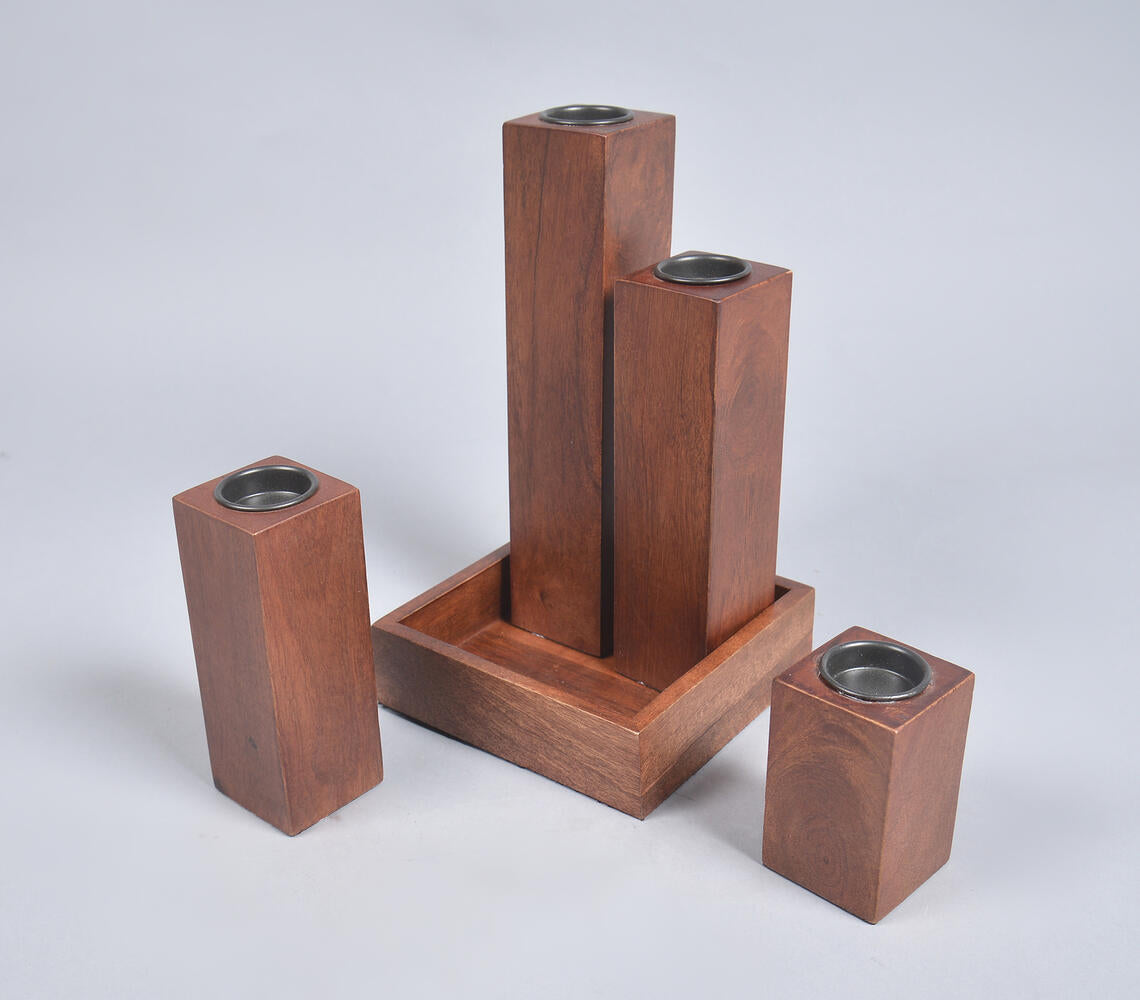 Hand Cut Mango Wood Candle Holders &amp; Tray Set-2